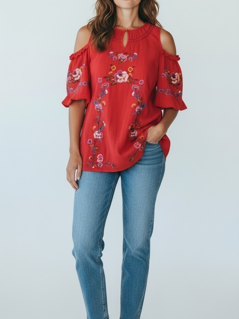 UMGEE Cold-Shoulder Embroidered Women's Top